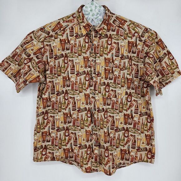 VTG Johnny Cotton Shirt Mens Extra Large Button Up Beers All Over Print USA XL - Picture 1 of 9